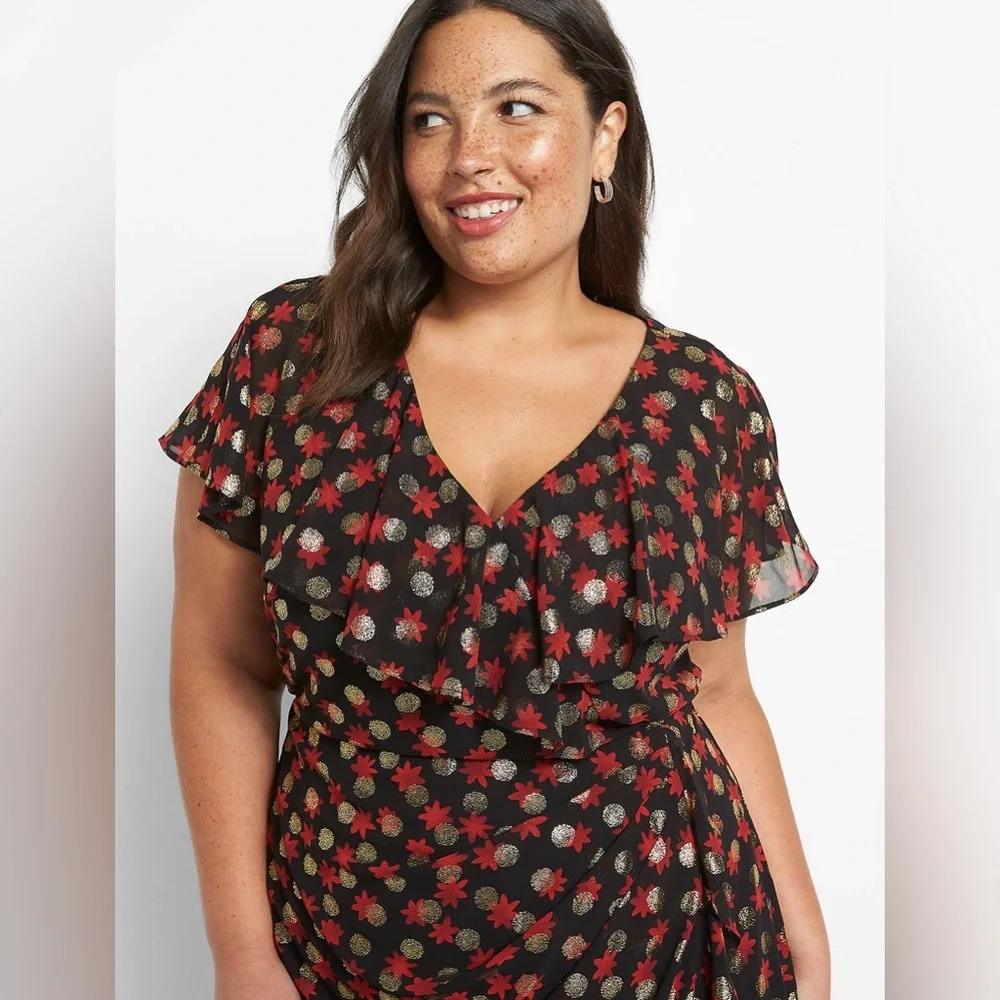 Lane Bryant 18 Surplice Frilly Ruffled Fitted Midi Dress Haley Floral Gold Dot - Picture 3 of 14